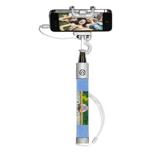 Personalized selfie stick personalized with blue chalk pattern and photo and the saying "James"
