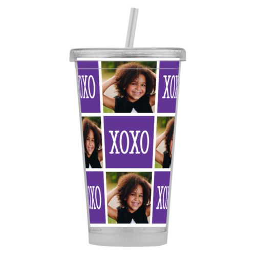 Personalized tumbler personalized with a photo and the saying "xoxo" in purple and white
