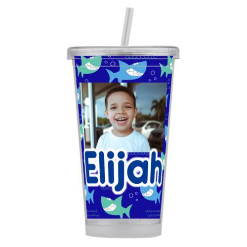 Personalized tumbler personalized with sharks pattern and photo and the saying "Elijah"