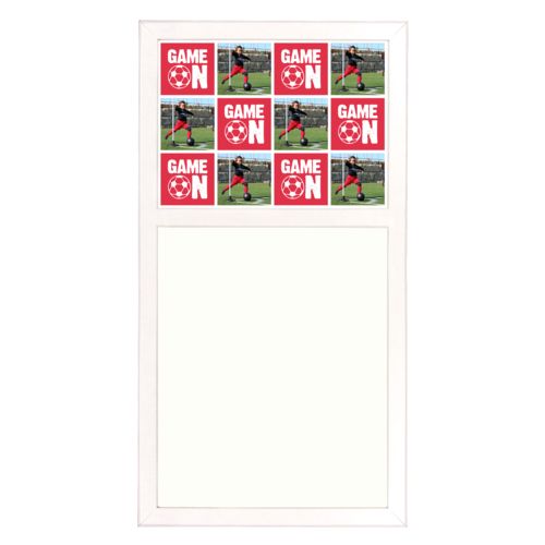 Personalized white board personalized with a photo and the saying "Game On" in cherry red and white
