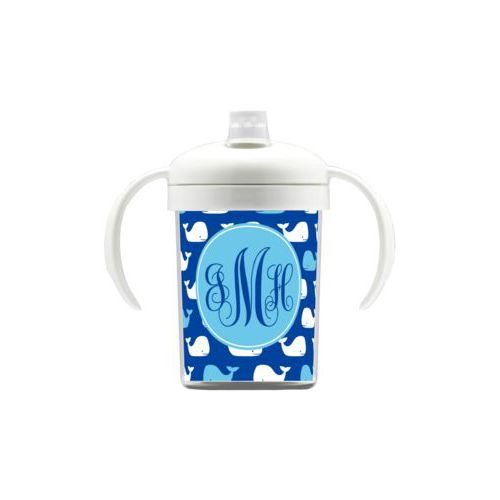 Personalized sippycup personalized with whales pattern and monogram in ultramarine