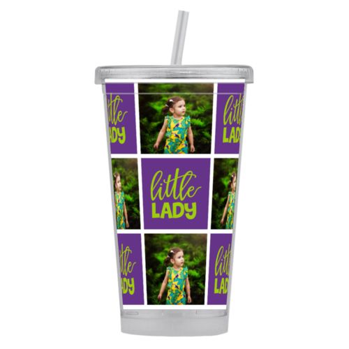 Personalized tumbler personalized with a photo and the saying "little lady" in juicy green and amethyst purple