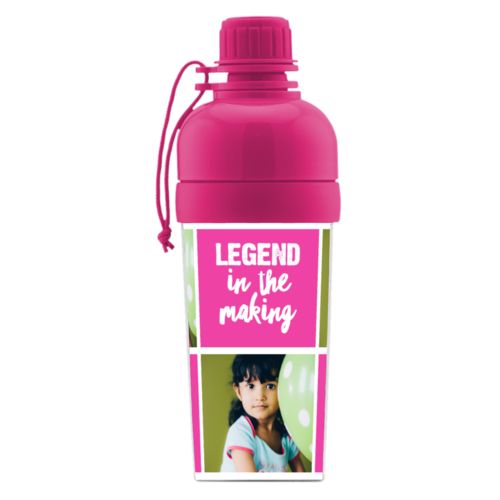 Kids water bottle personalized with a photo and the saying "Legend in the Making" in dream on - plum and blizzard blue