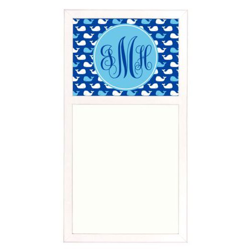 Personalized white board personalized with whales pattern and monogram in ultramarine