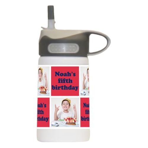 Stainless steel water bottle for kids personalized with a photo and the saying "Noah's fifth birthday" in navy blue and red