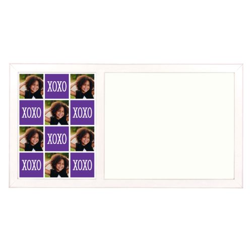 Personalized white board personalized with a photo and the saying "xoxo" in purple and white