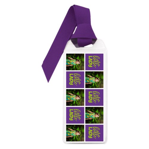 Personalized book mark personalized with a photo and the saying "little lady" in juicy green and amethyst purple