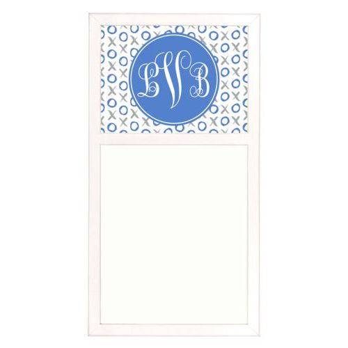 Personalized white board personalized with hugs pattern and monogram in winter blue and silver