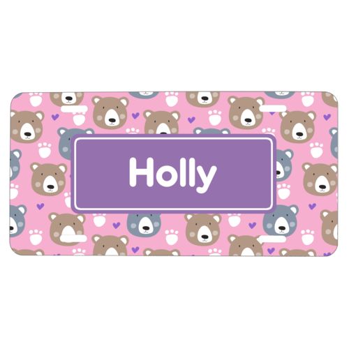 Custom car plate personalized with bears pattern and name in grape purple