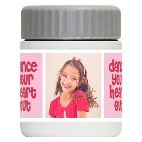 Personalized 12oz food jar personalized with a photo and the saying "dance your heart out" in cherry red and rosy cheeks pink