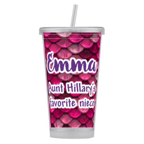 Personalized tumbler personalized with pink mermaid pattern and the saying "Emma Aunt Hillary's favorite niece"