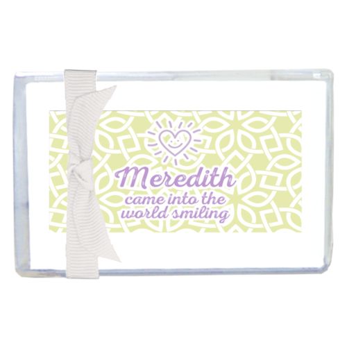 Personalized enclosure cards personalized with lattice pattern and the sayings "Meredith came into the world smiling" and "Smiling Heart"