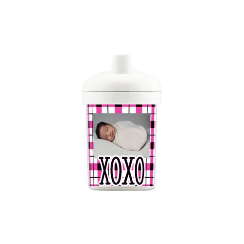 Personalized toddlercup personalized with gingham pattern and photo and the saying "xoxo"