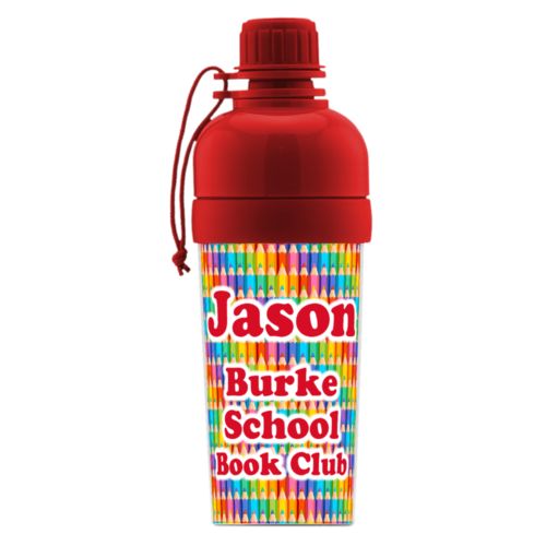 Personalized water bottle for kids personalized with colored pencils pattern and the saying "Jason Burke School Book Club"