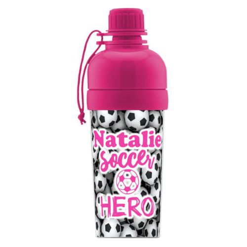 Kids water bottle personalized with soccer balls pattern and the sayings "Soccer Hero" and "Natalie"