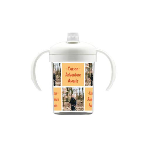 Personalized sippycup personalized with a photo and the saying "- Carson - Adventure Awaits" in jewel - citrine and orange