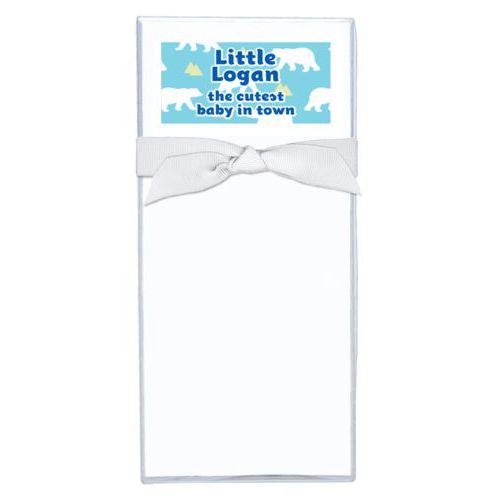 Personalized note sheets personalized with bears pattern and the saying "Little Logan the cutest baby in town"