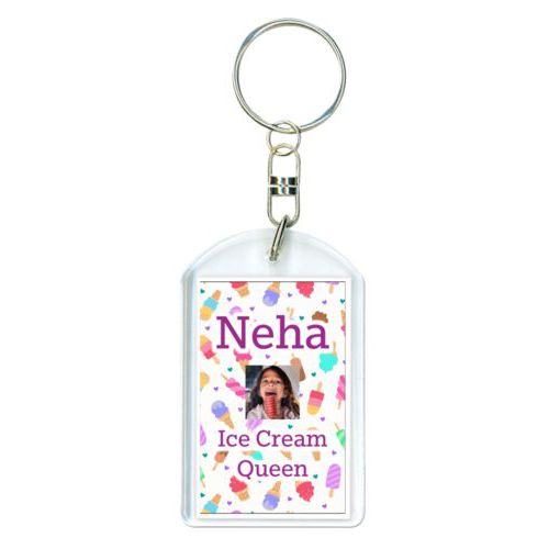 Personalized plastic keychain personalized with scoops pattern and photo and the saying "Neha Ice Cream Queen"