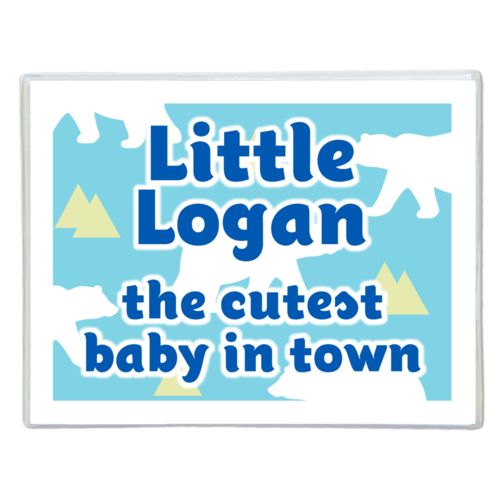 Personalized note cards personalized with bears pattern and the saying "Little Logan the cutest baby in town"