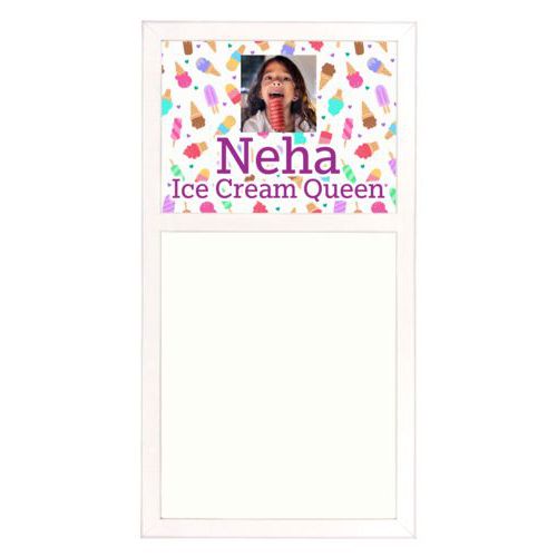 Personalized white board personalized with scoops pattern and photo and the saying "Neha Ice Cream Queen"
