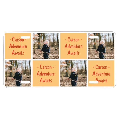 Custom car plate personalized with a photo and the saying "- Carson - Adventure Awaits" in jewel - citrine and orange