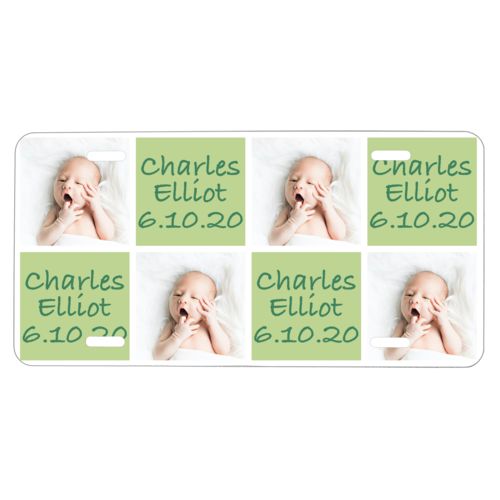 Custom license plate personalized with a photo and the saying "Charles Elliot 6.10.20" in pine green and leaf green