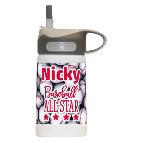 Kids bottle personalized with baseballs pattern and the sayings "baseball all-star" and "Nicky"