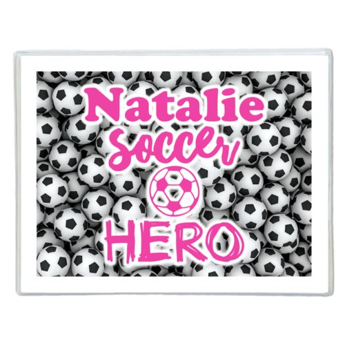 Personalized note cards personalized with soccer balls pattern and the sayings "Soccer Hero" and "Natalie"