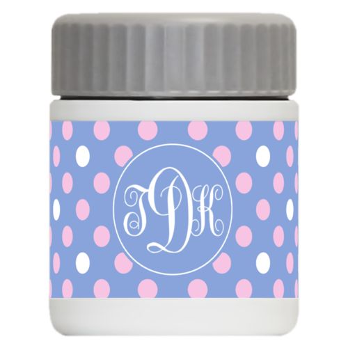 Personalized 12oz food jar personalized with medium dots pattern and monogram in easter serenity and quartz