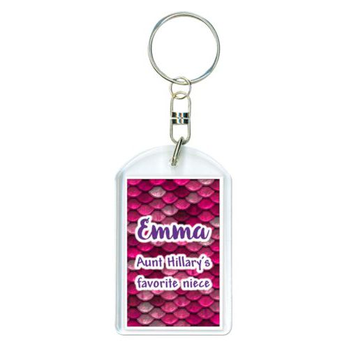 Personalized plastic keychain personalized with pink mermaid pattern and the saying "Emma Aunt Hillary's favorite niece"
