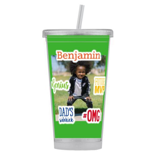 Personalized tumbler personalized with photo and the sayings "Benjamin" and "Dad's Sidekick" and "#omg" and "#Genius" and "Future MVP"
