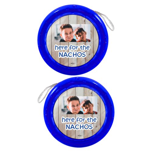 Personalized yoyo personalized with light wood pattern and photo and the saying "here for the Nachos"