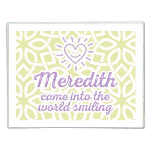 Personalized note cards personalized with lattice pattern and the sayings "Meredith came into the world smiling" and "Smiling Heart"