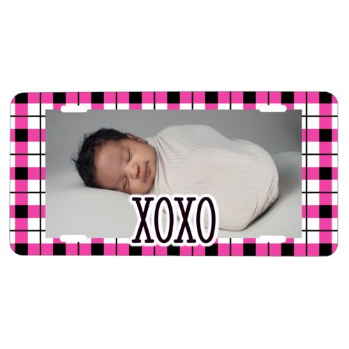 Custom car plate personalized with gingham pattern and photo and the saying "xoxo"