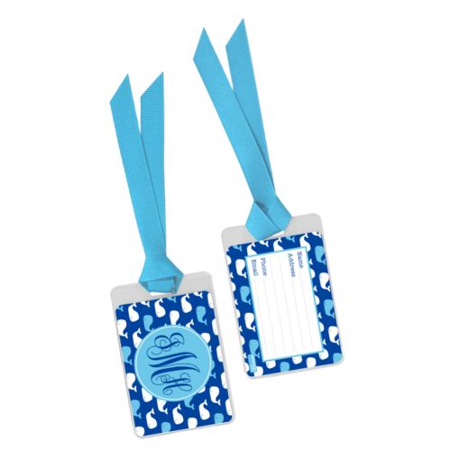 Personalized luggage tag personalized with whales pattern and monogram in ultramarine