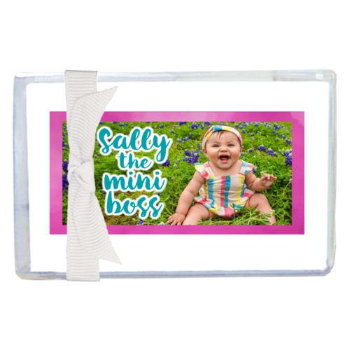 Personalized enclosure cards personalized with pink cloud pattern and photo and the saying "Sally the mini boss"