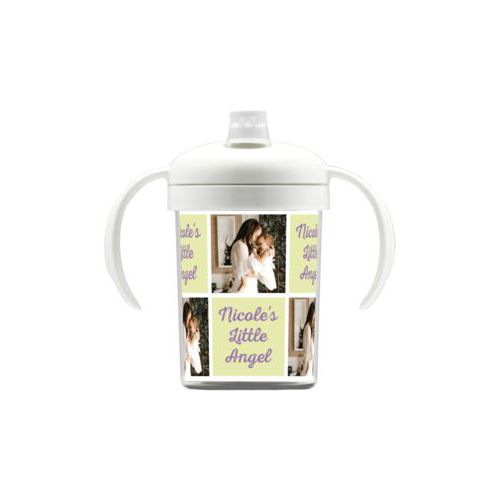 Personalized sippycup personalized with a photo and the saying "Nicole's Little Angel" in grape purple and morning dew green