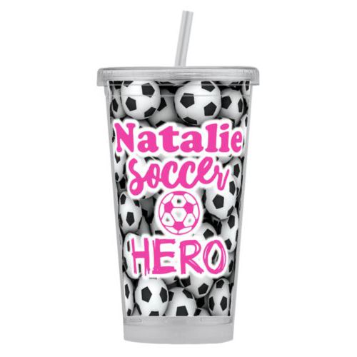 Personalized tumbler personalized with soccer balls pattern and the sayings "Soccer Hero" and "Natalie"