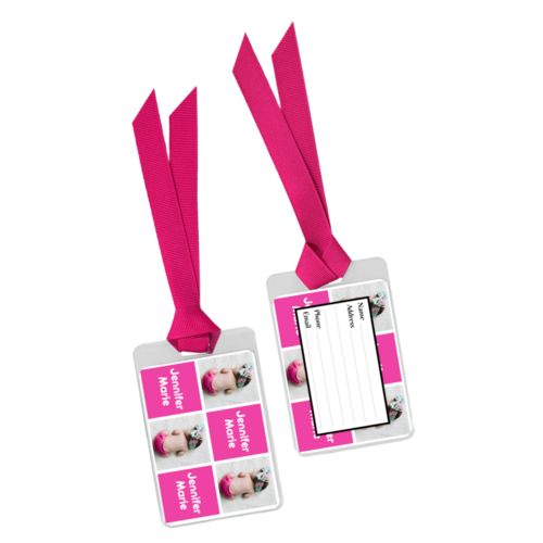 Personalized bag tag personalized with a photo and the saying "Jennifer Marie" in juicy pink and white
