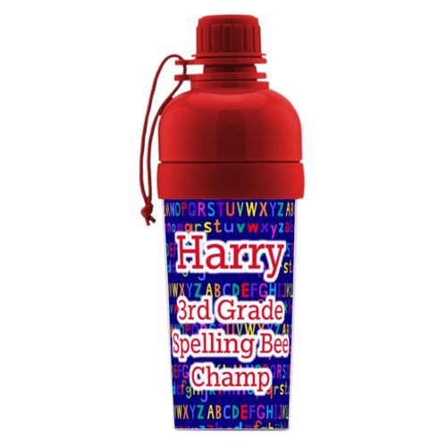 Kids water bottle personalized with alphabet pattern and the saying "Harry 3rd Grade Spelling Bee Champ"