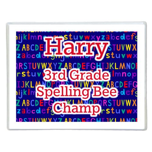 Personalized note cards personalized with alphabet pattern and the saying "Harry 3rd Grade Spelling Bee Champ"