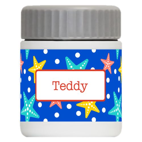 Personalized 12oz food jar personalized with starfish pattern and name in strong red