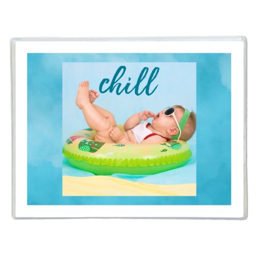 Personalized note cards personalized with teal cloud pattern and photo and the saying "chill"