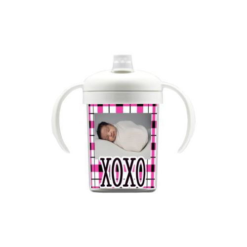 Personalized sippycup personalized with gingham pattern and photo and the saying "xoxo"