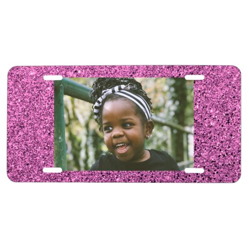 Custom license plate personalized with light pink glitter pattern and photo