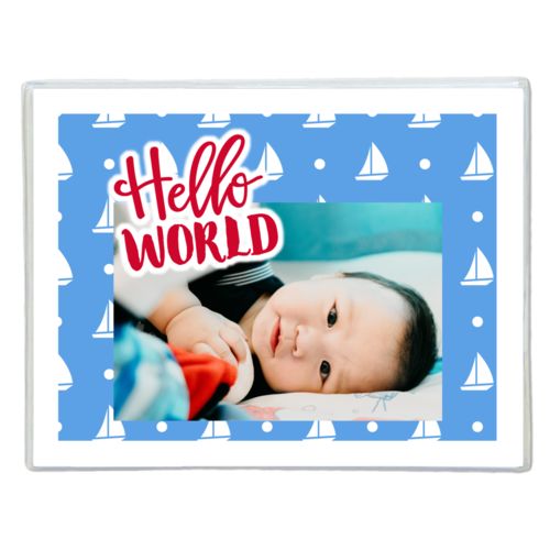 Personalized note cards personalized with white sails pattern and photo and the saying "hello world"