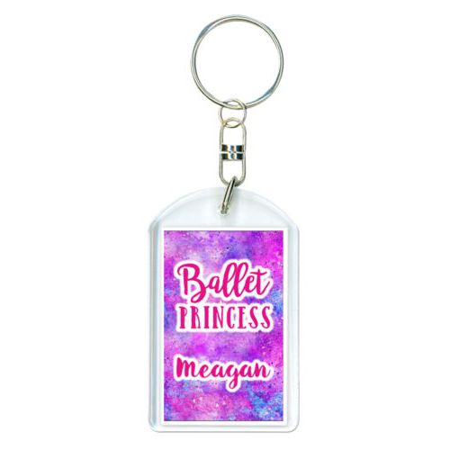 Personalized plastic keychain personalized with splatter paint pattern and the sayings "ballet princess" and "Meagan"