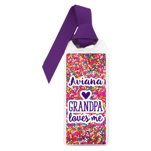 Personalized book mark personalized with sweets sprinkle pattern and the sayings "Grandpa loves me" and "Aviana"