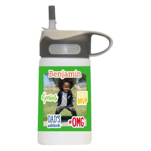 Water bottle for kids personalized with photo and the sayings "Benjamin" and "Dad's Sidekick" and "#omg" and "#Genius" and "Future MVP"
