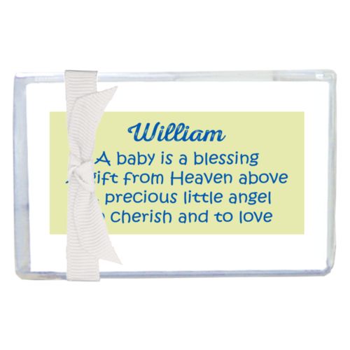 Personalized enclosure cards personalized with the saying "William A baby is a blessing A gift from Heaven above A precious little angel To cherish and to love"